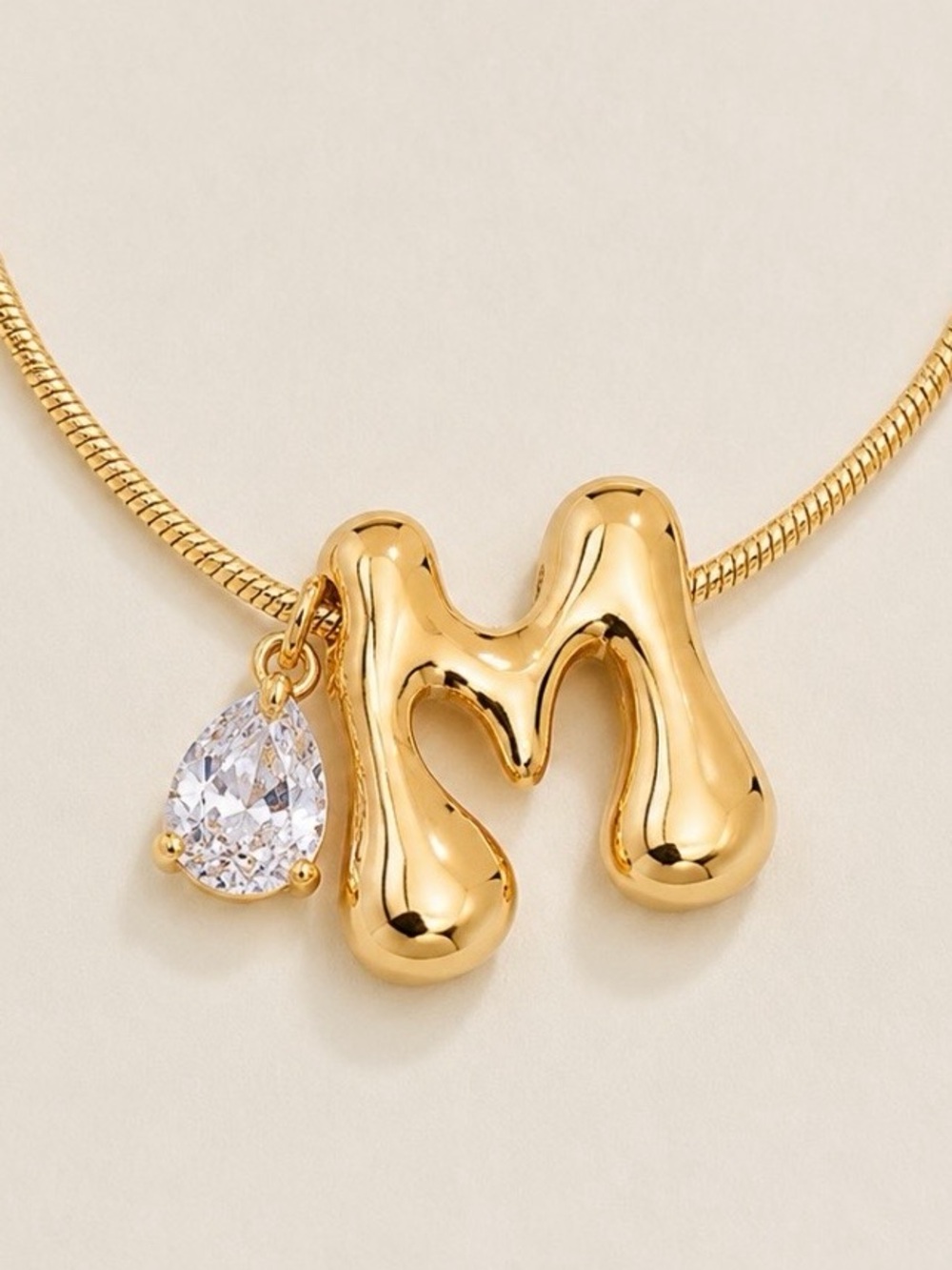 Gold Bubble Pear Drop Initial Charm Necklace (7214)